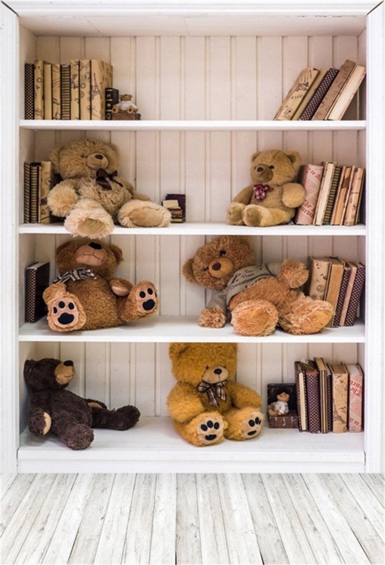 AOFOTO 5x7ft White Bookshelf with Teddy Bears Photography Backdrop Vintage Books Bookcase Wood Floor Background Study Room Decor Indoor Kid Newborn Baby Boy Infant Portrait Photoshoot Studio Props - Image 1